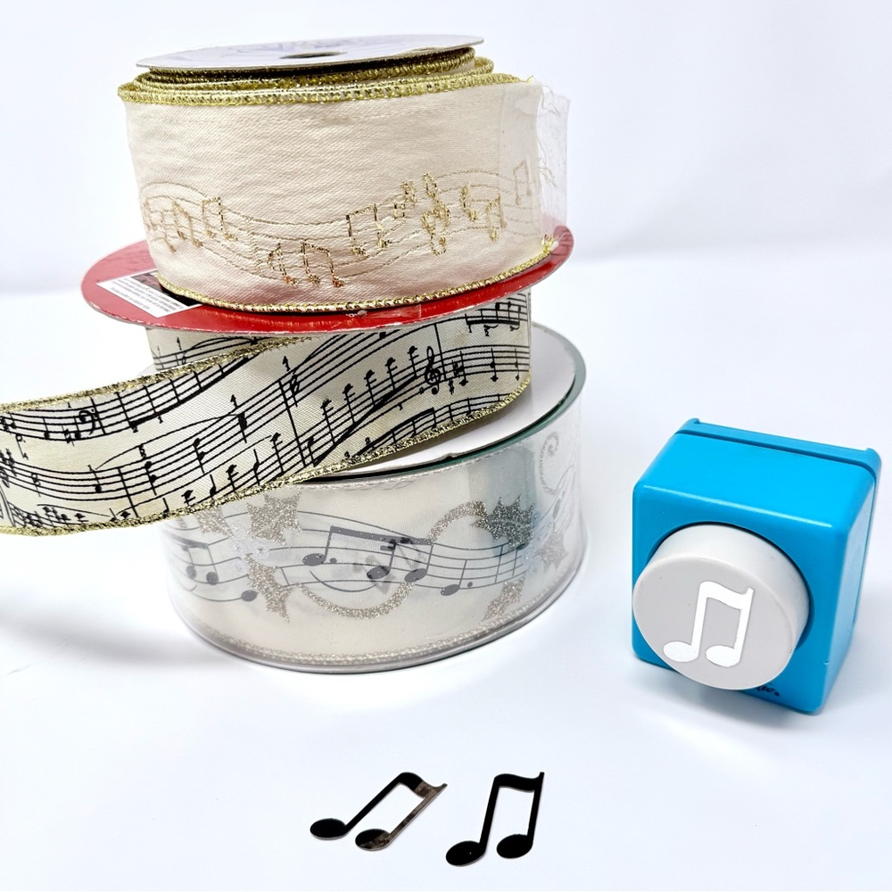 Musical Gold Glitter Wired Ribbon & Punch Set, Music Sheet Notes Premium Quality
